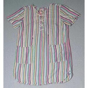 Free Assembly Dress Womens Size XL Multicolor Stripes Linen Blend Tie Neck...
